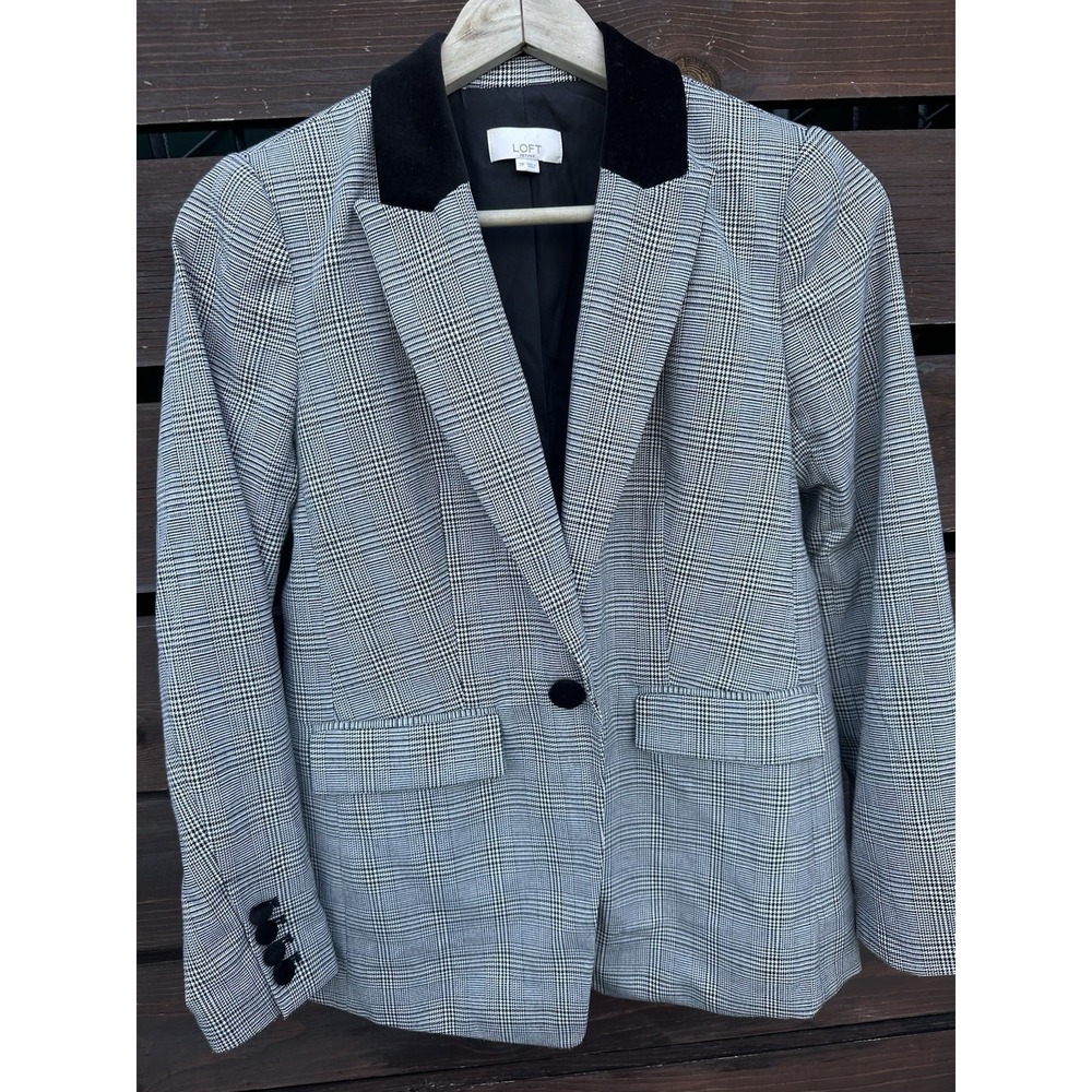 Ann Taylor LOFT Black/White Plaid Lined Single-Breasted Blazer Velour‎ Trim *2 P